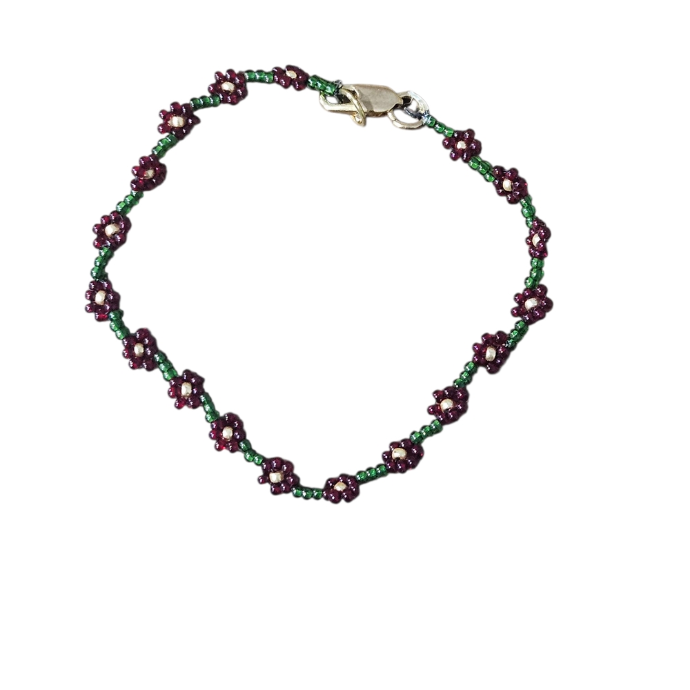 Handmade Vintage Hippie Beaded Bracelet in Burgundy and Green